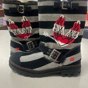 Skechers Grey and Black Striped Heart and Arrow Boots